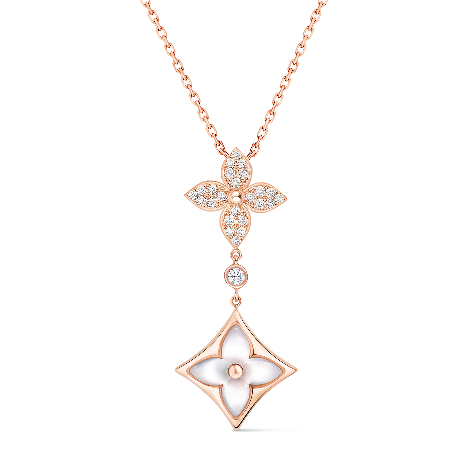 Color Blossom Double Star Pendant, Pink Gold, White Mother-Of-Pearl And Diamonds  in Jewellery
