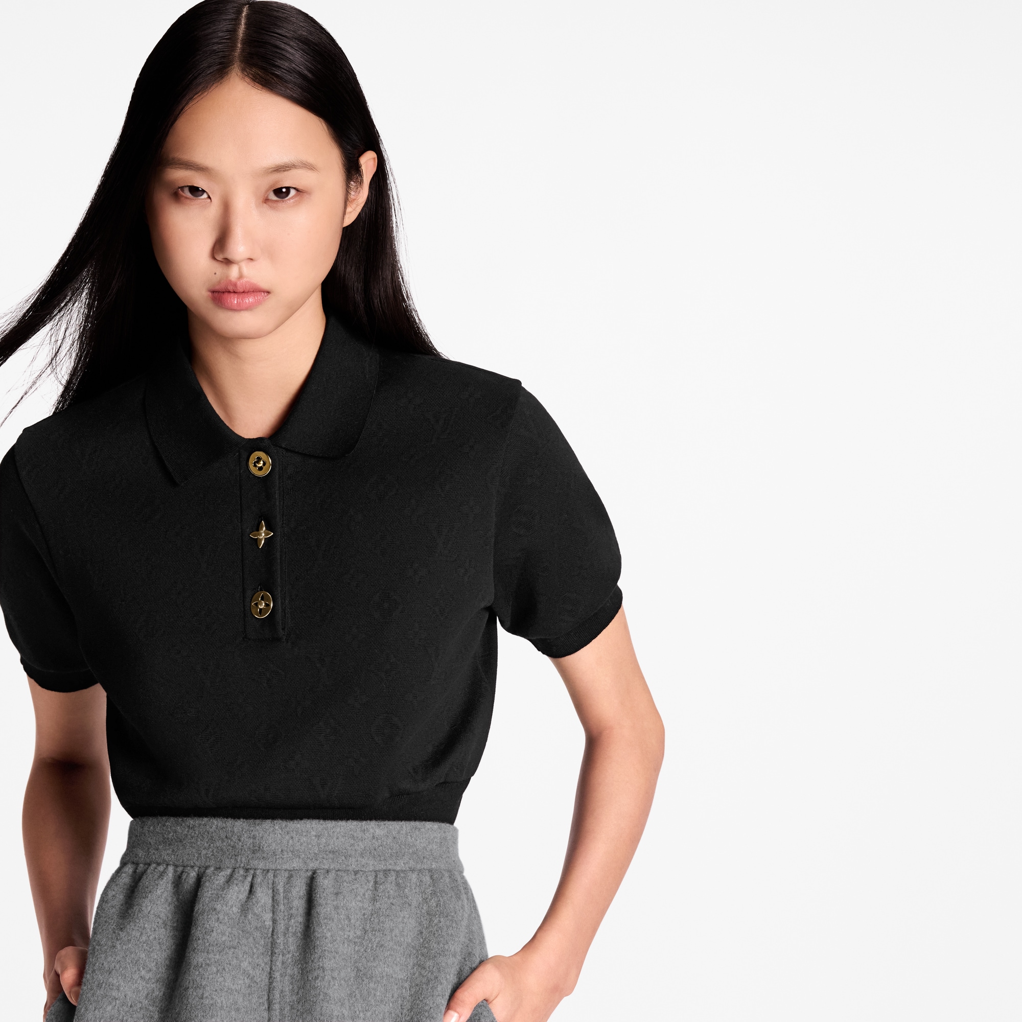 Cropped Monogram Button Polo Top  in Women