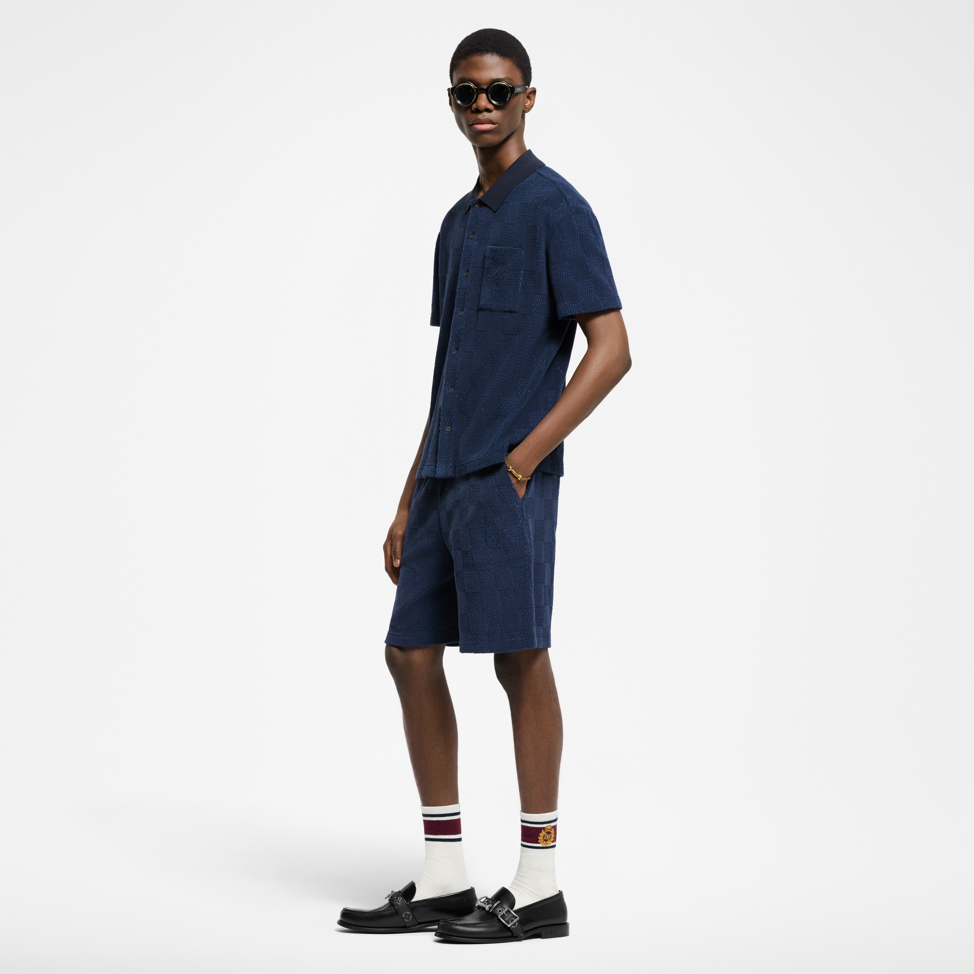 Damier French Terry Short-Sleeved Cotton-Blend Shirt  in Men