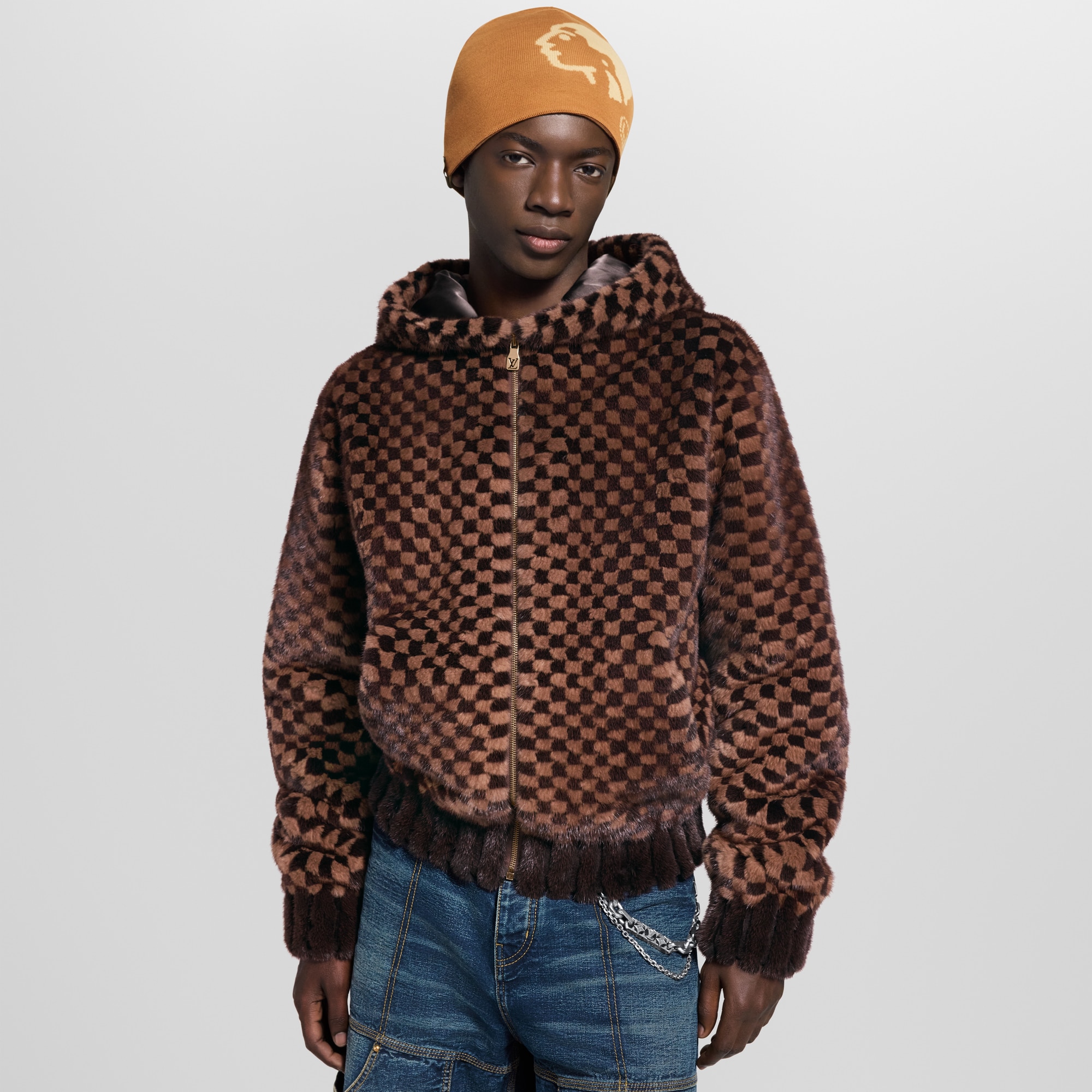 Damier Intarsia Zipped Mink Hoodie  in Men