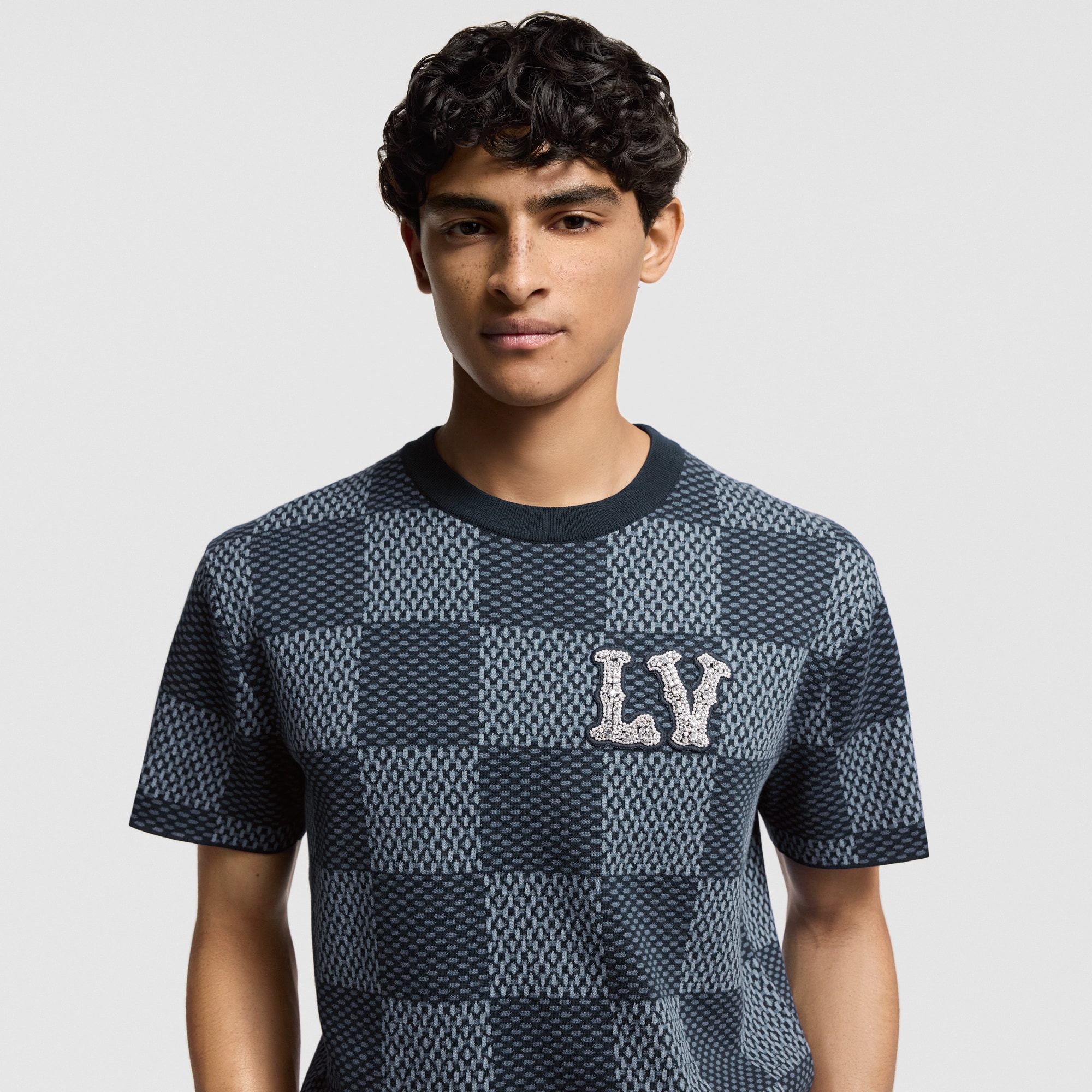 Damier Short-Sleeved Crewneck With LV Crystal Patch  in Women