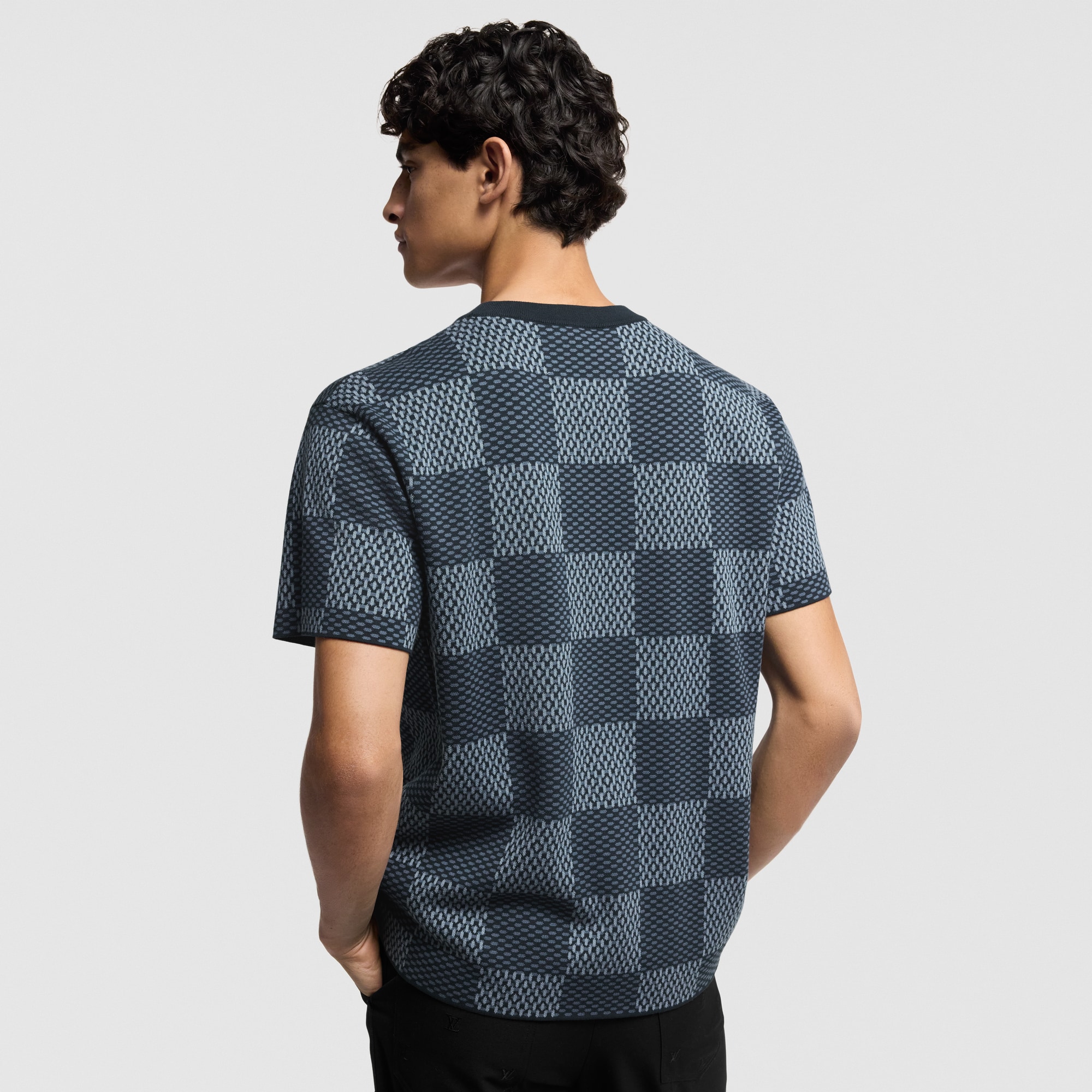 Damier Short-Sleeved Crewneck With LV Crystal Patch  in Women