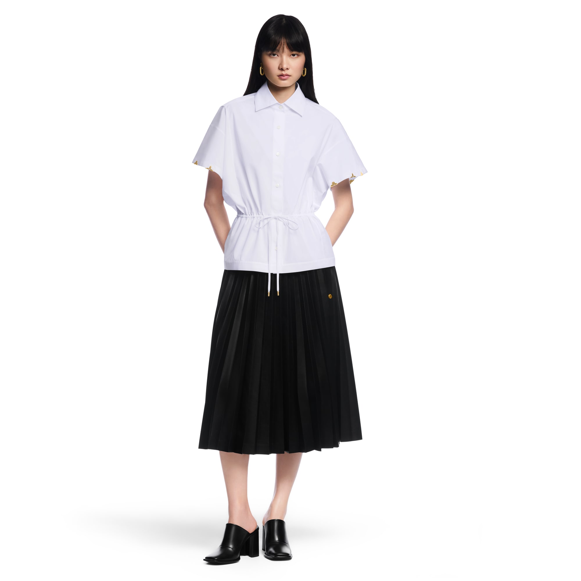 Drawstring Waist Cotton Poplin Shirt  in Women
