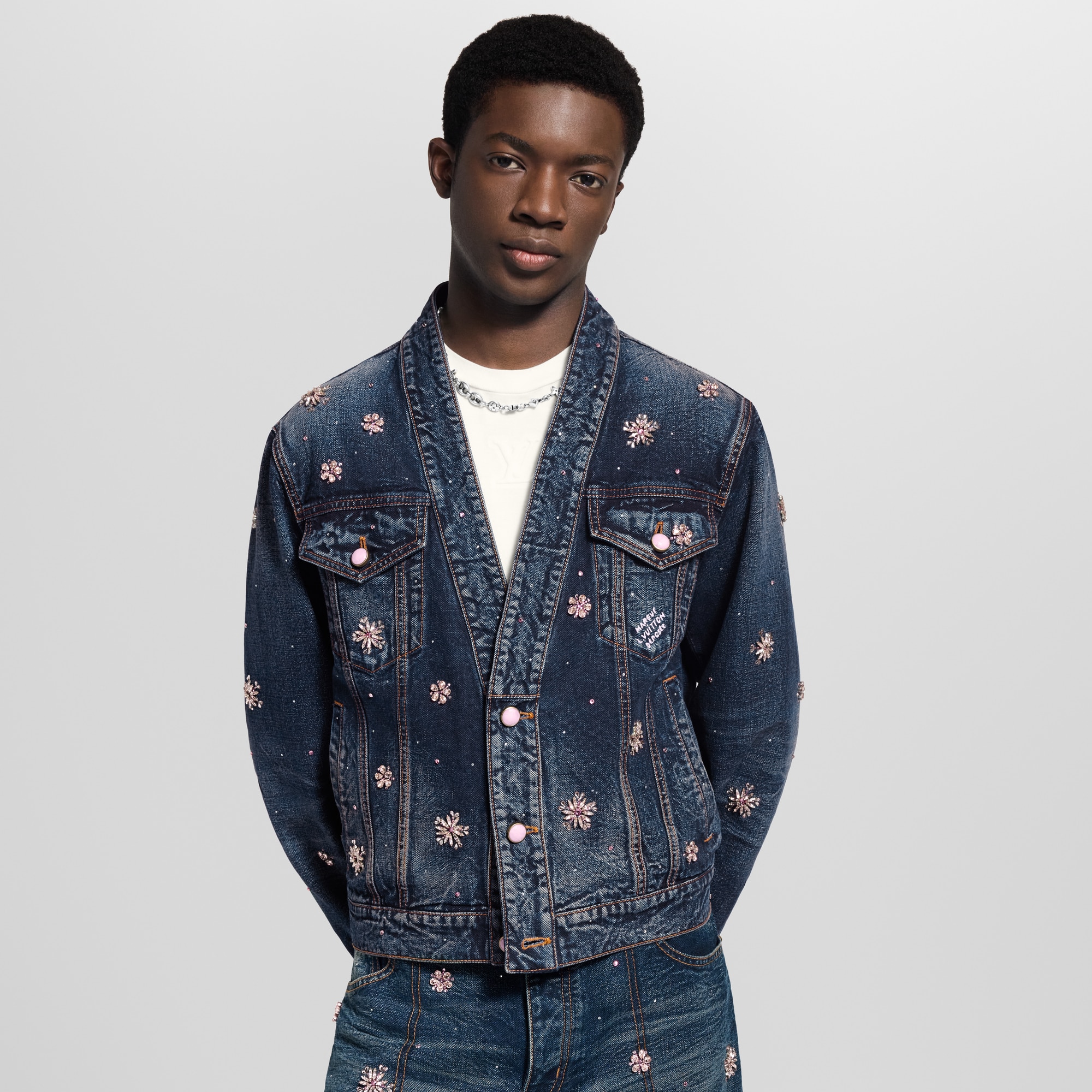 Embroidered Denim Kimono Jacket  in Men