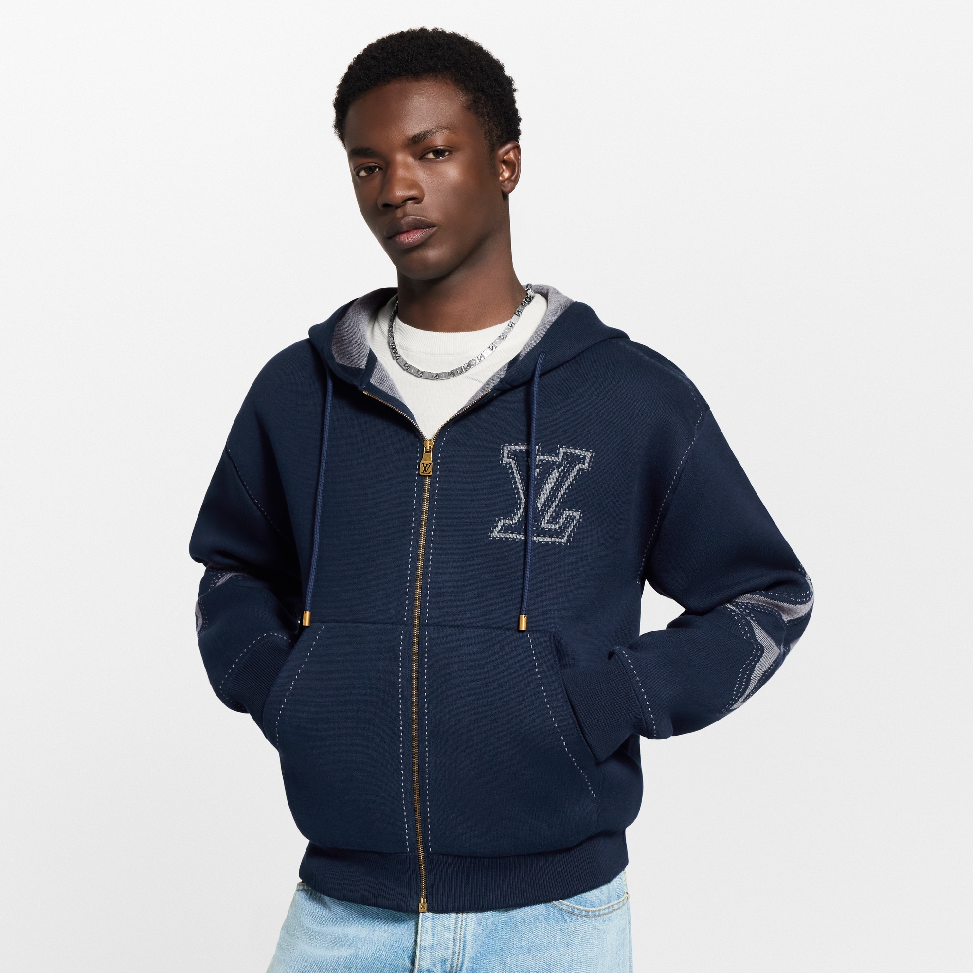 Graphic Intarsia Zipped Cotton Hoodie  in Men
