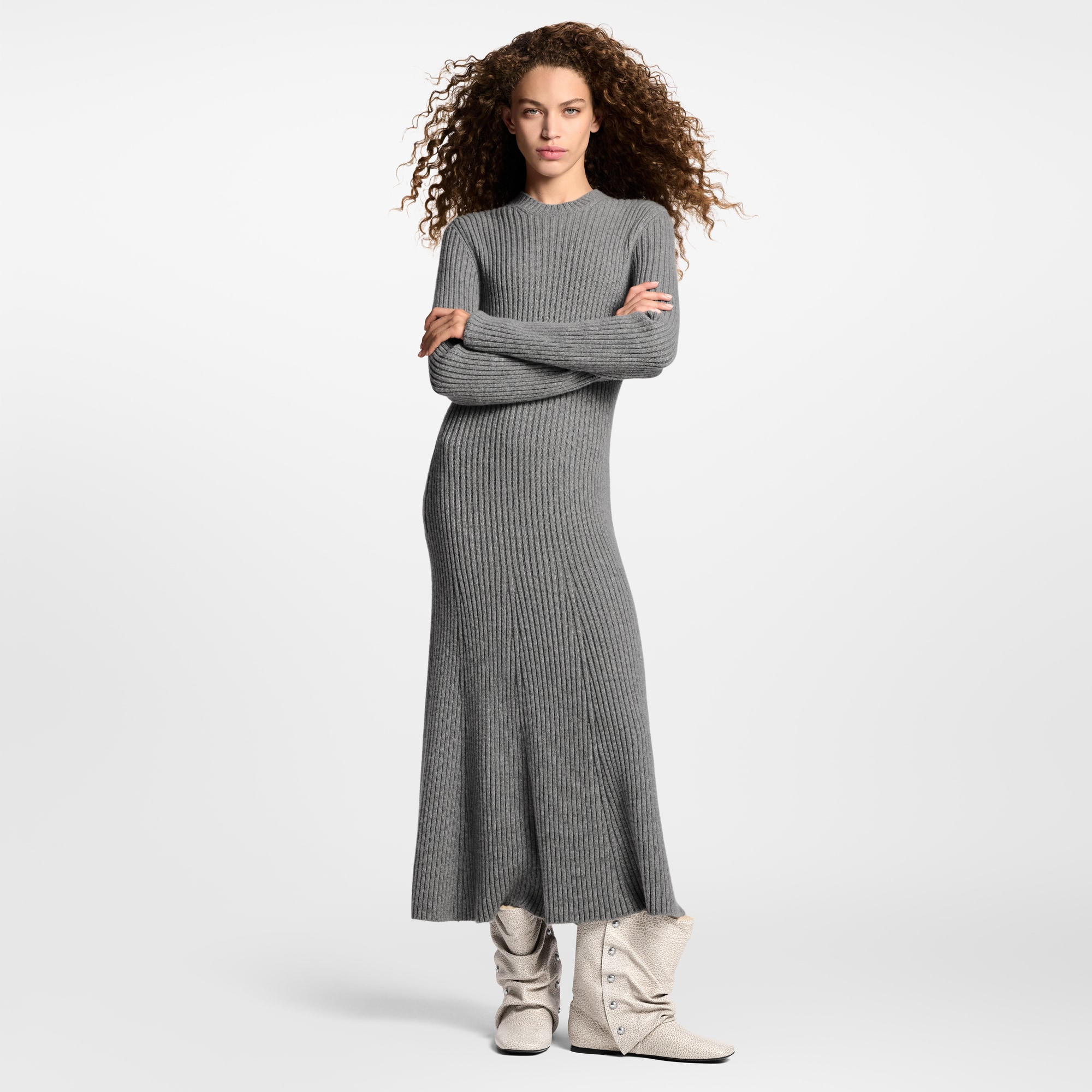 Long-Sleeved Rib-Knit Maxi Dress  in Women