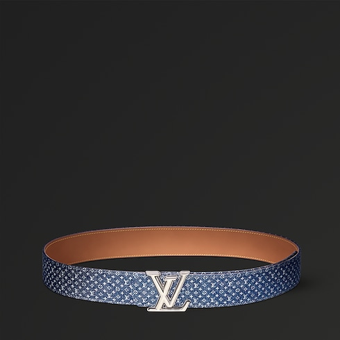 LV Dimension Monogram Reflective Denim 40mm Reversible Belt closeup view