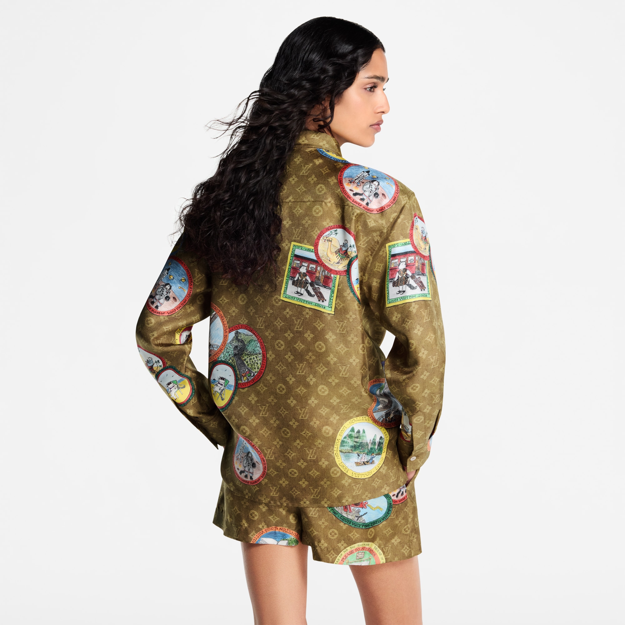 Monogram Cat Stamp Silk Shirt  in Women