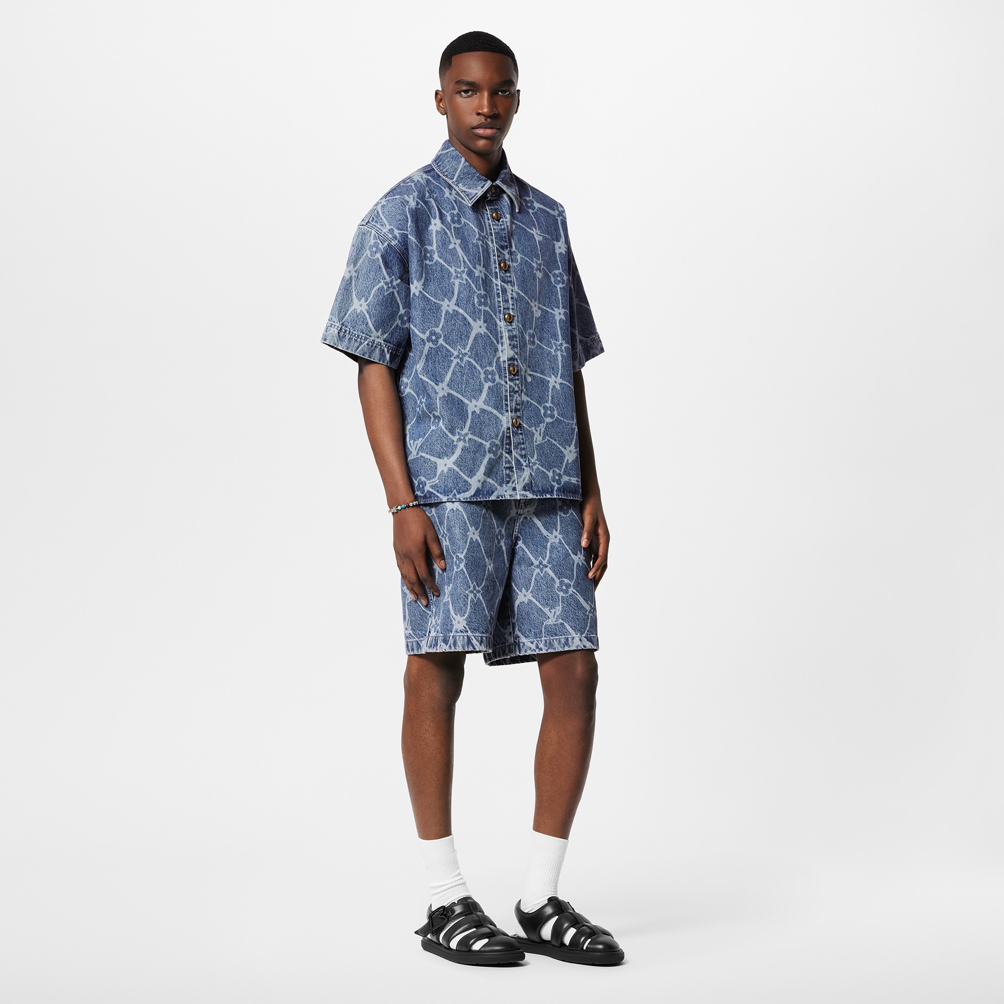 Monogram Printed Denim Shorts  in Men