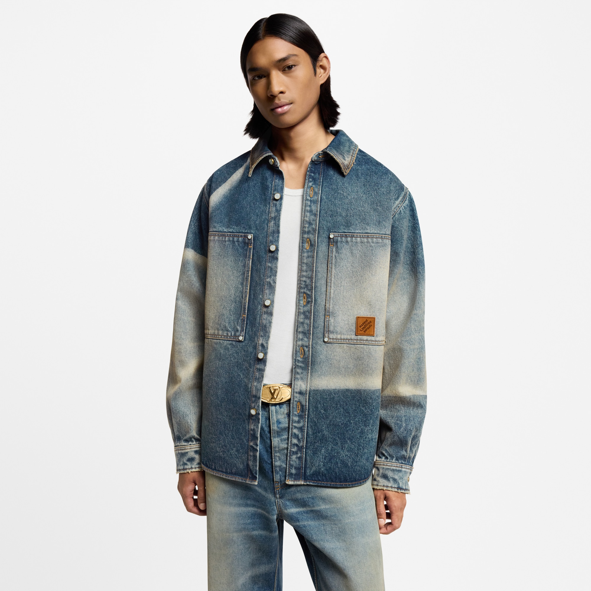 Sunfaded Effect Denim Long-Sleeved Shirt  in Men