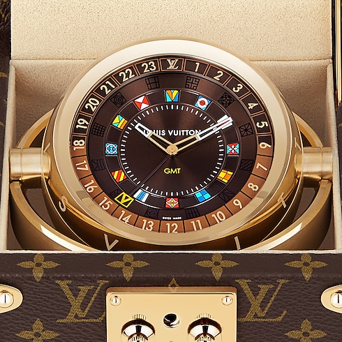 Trunk Table Clock, Quartz, 80mm, Brass, Monogram in Watches's All Watches } collections by Louis Vuitton (Product zoom)