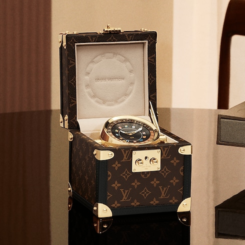 Trunk Table Clock, Quartz, 80mm, Brass, Monogram in Watches's All Watches } collections by Louis Vuitton (Product zoom)