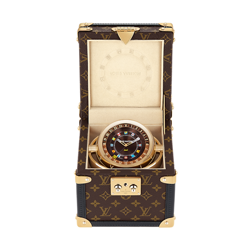 Trunk Table Clock, Quartz, 80mm, Brass, Monogram in Watches's All Watches } collections by Louis Vuitton (Product zoom)