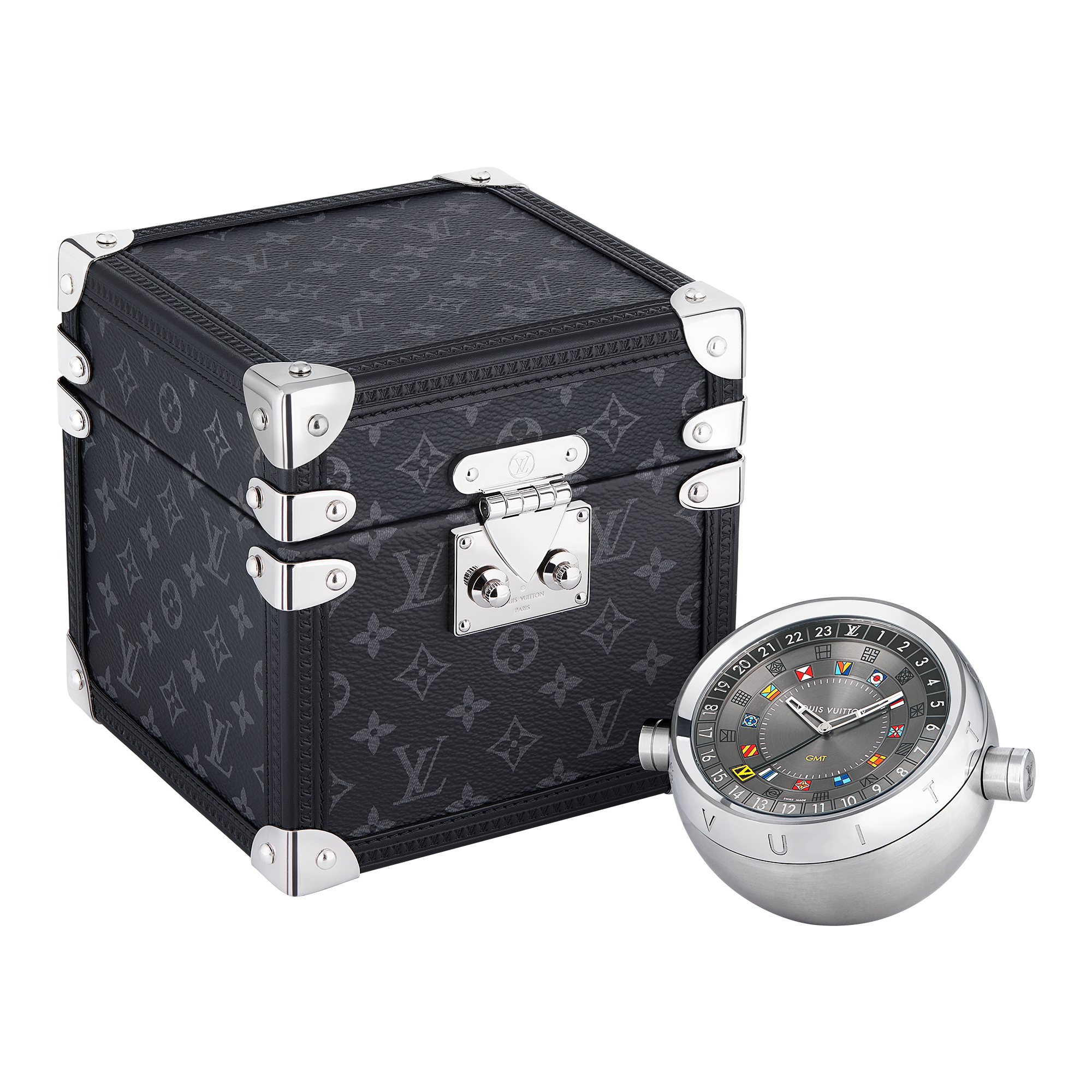 Trunk Table Clock, Quartz, 80mm, Brass, Monogram Eclipse  in Watches