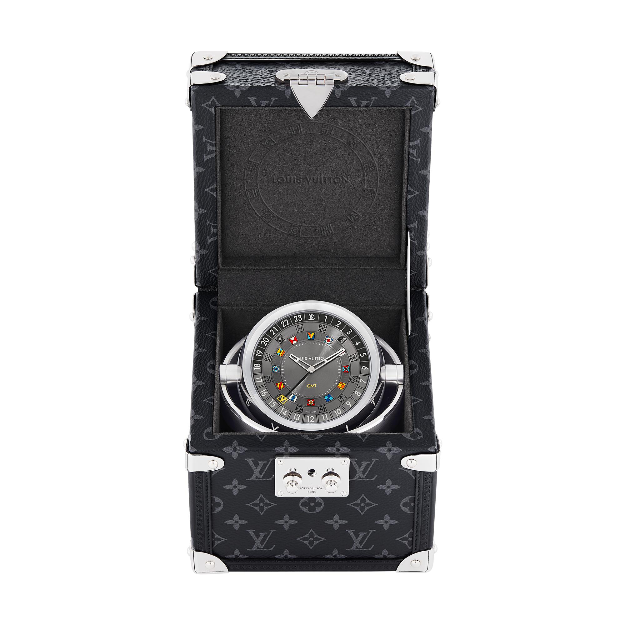 Trunk Table Clock, Quartz, 80mm, Brass, Monogram Eclipse  in Watches