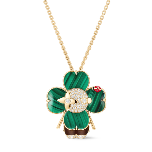 Vivienne Four-Leaf Pendant, Yellow Gold, Malachite, Wood, Lacquer and Diamonds front view
